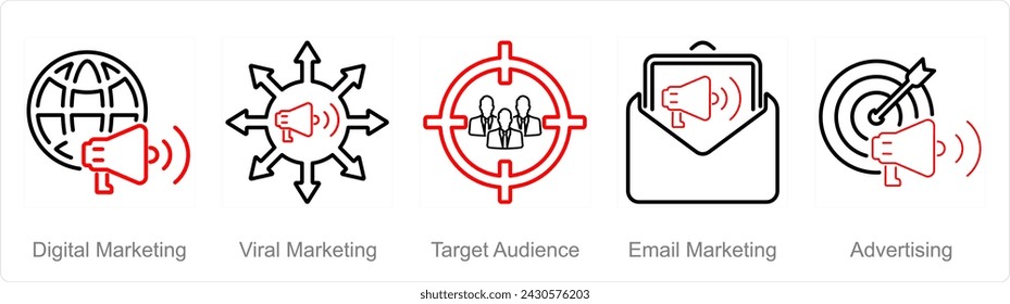 Eine Reihe von 5 digitalen Marketing-Icons wie digitales Marketing, virales Marketing, Zielgruppe