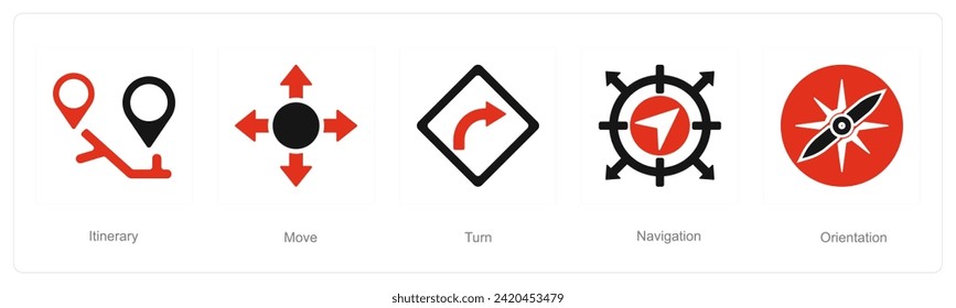 A set of 5 Direction icons as itinerary, move, turn