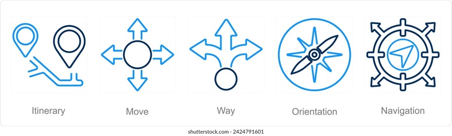 A set of 5 Direction icons as itinerary, move, way