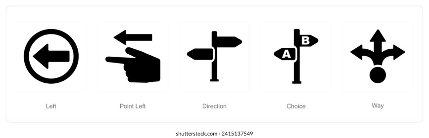A set of 5 Direction icons as left, point left, direction