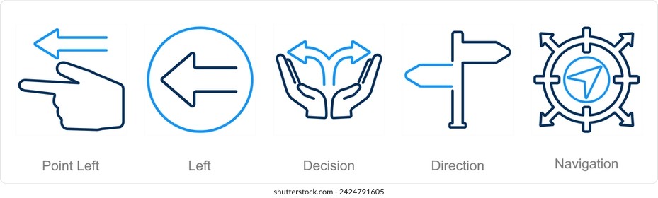 A set of 5 Direction icons as point left, left, decision