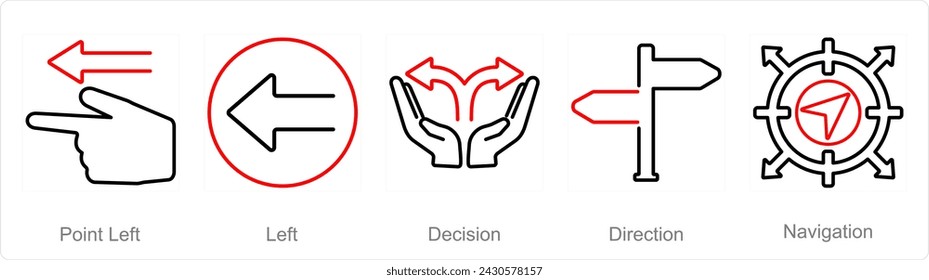 A set of 5 Direction icons as point left, left, decision