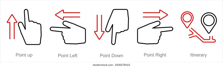 Un conjunto de 5 iconos de dirección como punto arriba, punto a la izquierda, punto abajo