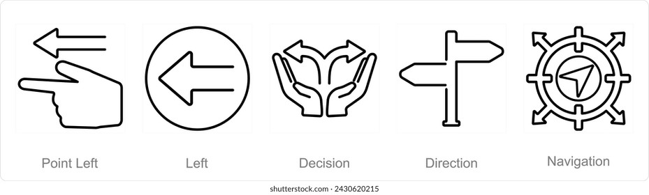 A set of 5 Direction icons as point left, left, decision