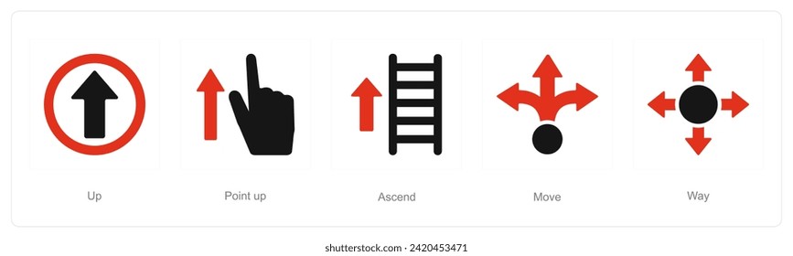 A set of 5 Direction icons as up, point up, ascend