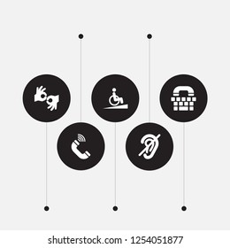 Set of 5 disabled icons set. Collection of phone, springboard, sign language and other elements.