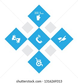 Set of 5 disabled icons set. Collection of volume control, mute, blind and other elements.