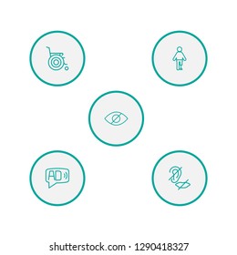 Set of 5 disabled icons line style set. Collection of no looking, audio description, prosthesis and other elements.