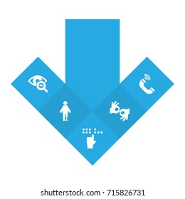 Set Of 5 Disabled Icons Set.Collection Of Lens, Phone, Artificial Limb And Other Elements.