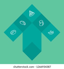 Set of 5 dish icons line style set. Collection of tacos, pizza, ale and other elements.
