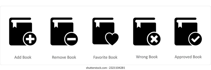 A set of 5 Document icons as add book, remove book, favorite book