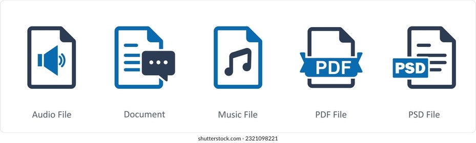 A set of 5 Document icons as audio file, document, music file