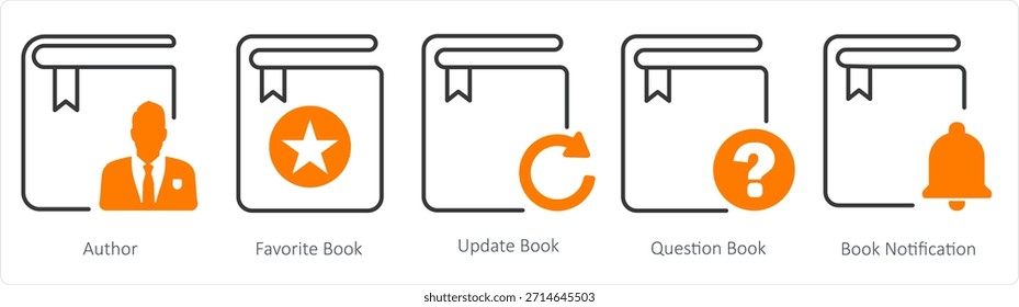 Un conjunto de 5 iconos de documento como autor, libro favorito, libro de Actualizar