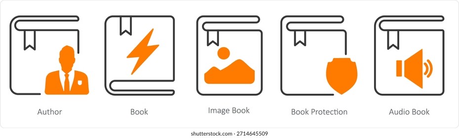 Um conjunto de 5 ícones de documento como autor, livro, livro de imagens