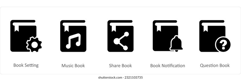 Un conjunto de 5 iconos de documento como configuración de libro, libro de música, libro compartido