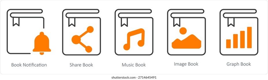Un conjunto de 5 iconos de documento como notificación de libro, compartir libro, libro de música