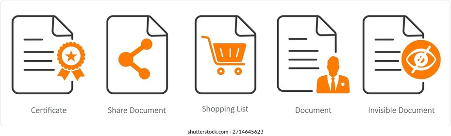 Un conjunto de 5 iconos de documento como certificado, compartir documento, lista de compras