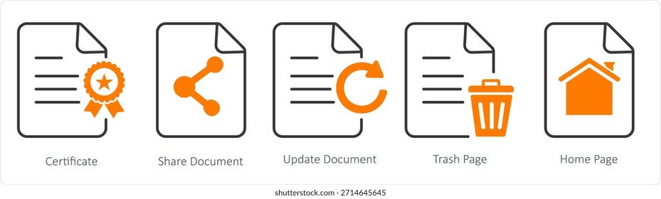 Un conjunto de 5 iconos de documento como certificado, compartir documento, documento de Actualizar
