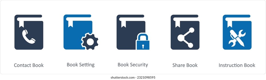 Un conjunto de 5 iconos de documento como libro de contactos, configuración de libro, seguridad de libro