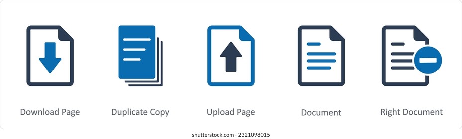 Eine Reihe von 5 Dokumentsymbolen als Download-Seite, doppelte Kopie, Upload-Seite