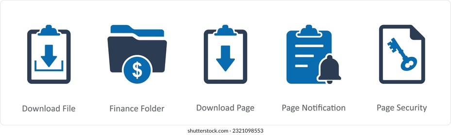 A set of 5 Document icons as download file, finance folder, download page