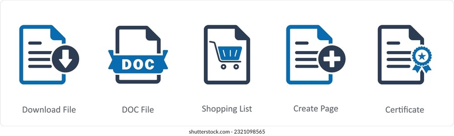 A set of 5 Document icons as download file, doc file, shopping list