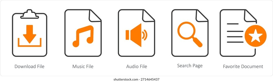 Un conjunto de 5 iconos de documento como archivo de Descarga, archivo de música, archivo de audio