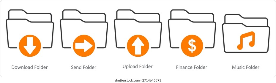 Un conjunto de 5 iconos de documento como carpeta de Descarga, carpeta de envío, carpeta de Cargar