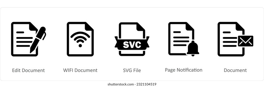A set of 5 Document icons as edit document, wifi document, svg file