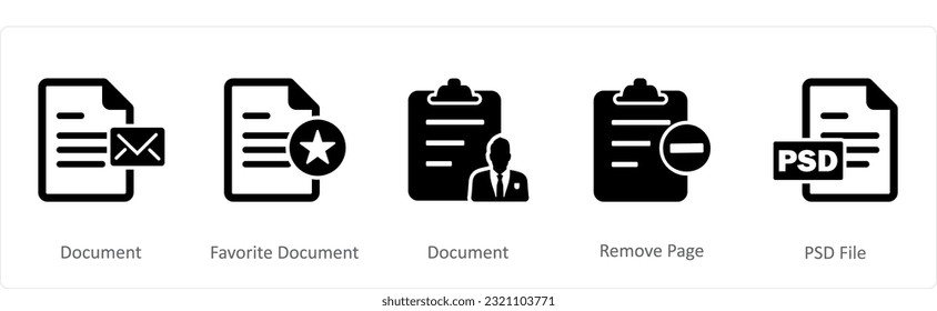 A set of 5 Document icons as document, favorite document, document