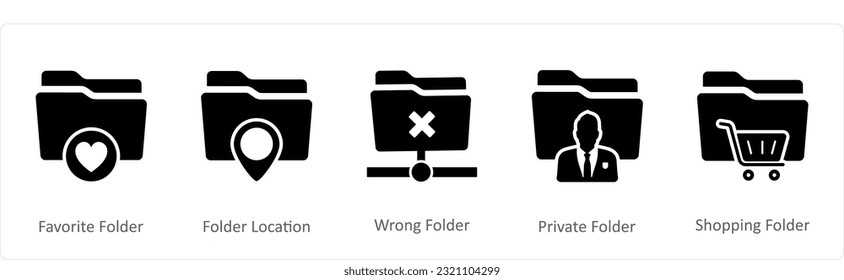 A set of 5 Document icons as favorite folder, folder location, wrong folder