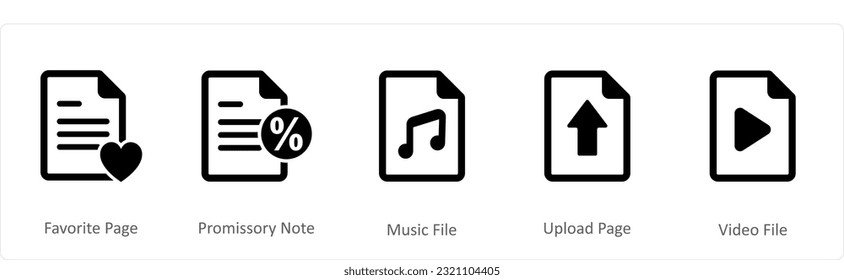 A set of 5 Document icons as favorite page, promissory note, music file