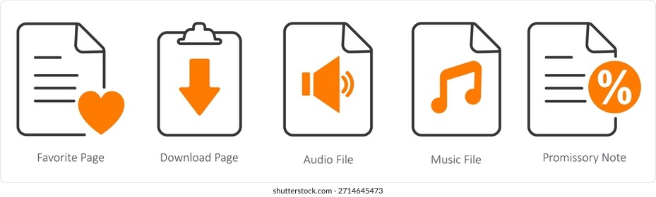 Un conjunto de 5 iconos de documento como página favorita, página de Descarga, archivo de audio