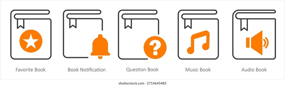 Un conjunto de 5 iconos de documentos como libro favorito, notificación de libro, libro de preguntas
