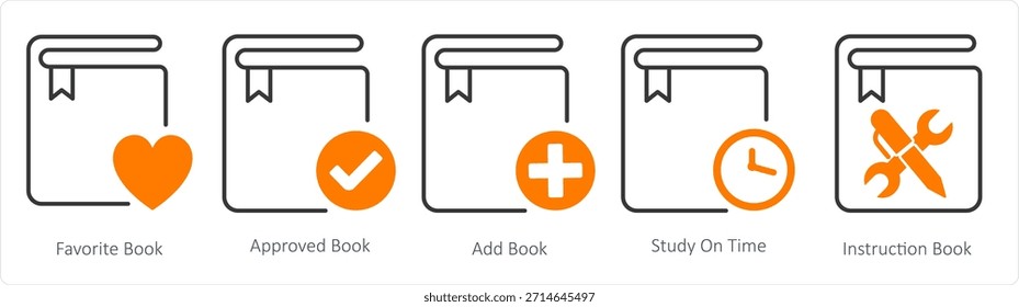 Un conjunto de 5 iconos de documento como libro favorito, libro aprobado, añadir libro