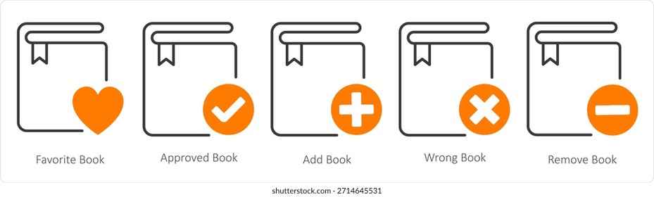 Un conjunto de 5 iconos de documento como libro favorito, libro aprobado, añadir libro
