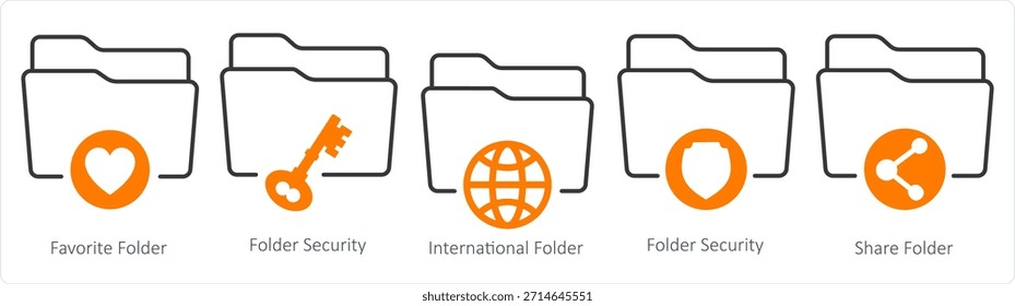 Un conjunto de 5 iconos de documentos como carpeta favorita, seguridad de carpeta, carpeta internacional