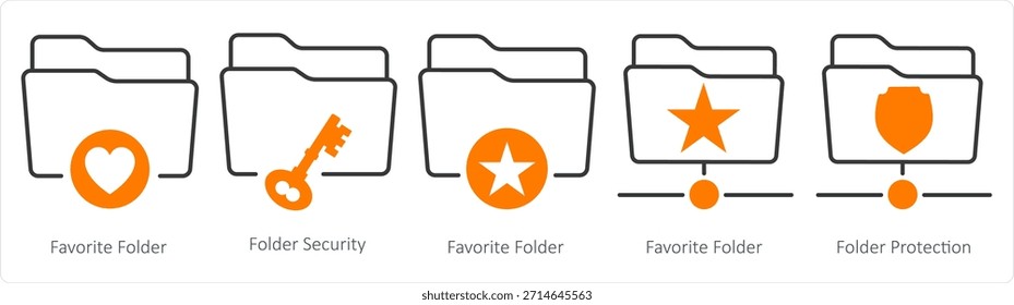 Un conjunto de 5 iconos de documentos como carpeta favorita, seguridad de carpeta, carpeta favorita