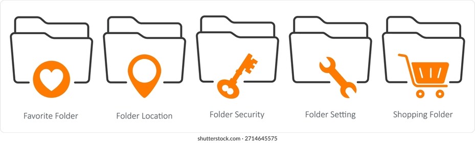 Un conjunto de 5 iconos de documentos como carpeta favorita, ubicación de carpeta, seguridad de carpeta