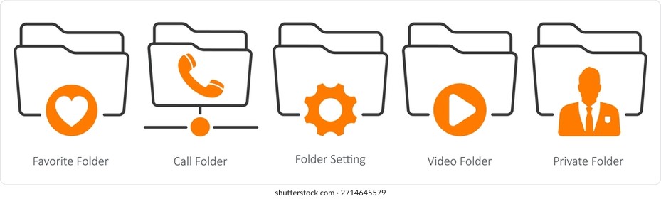 Un conjunto de 5 iconos de documento como carpeta favorita, carpeta de llamada, configuración de carpeta