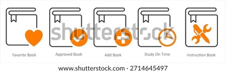 A set of 5 document icons as favorite book, approved book, add book