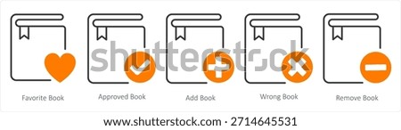 A set of 5 document icons as favorite book, approved book, add book