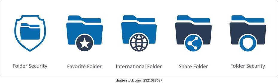 A set of 5 Document icons as file security, favorite folder, international folder