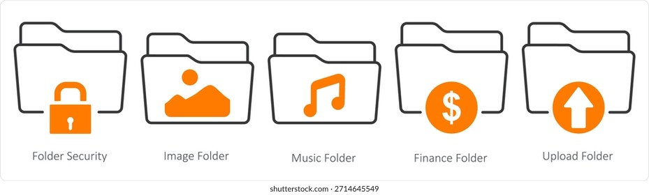 Un conjunto de 5 iconos de documentos como carpeta de seguridad, carpeta de Imagen, carpeta de música