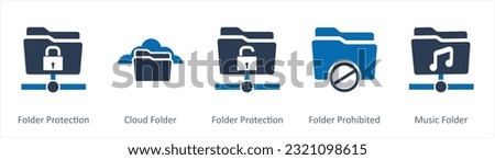 A set of 5 Document icons as folder protection, cloud folder, folder prohibited