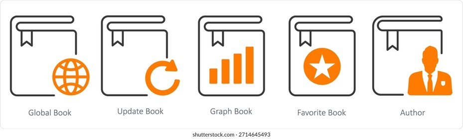 Un conjunto de 5 iconos de documentos como libro global, libro de Actualizar, libro de gráficos