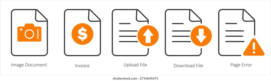 Um conjunto de 5 ícones de documento como documento de imagem, fatura, arquivo de carregamento