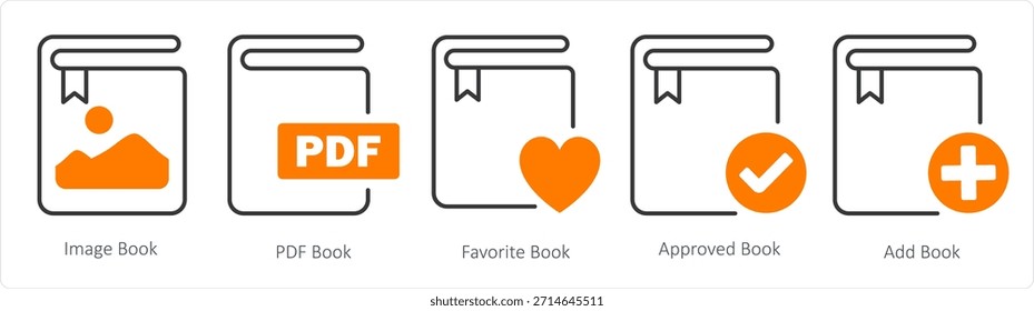 Un conjunto de 5 iconos de documentos como libro de Imagen, libro pdf, libro favorito