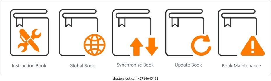 Un conjunto de 5 iconos de documentos como libro de instrucciones, libro global, sincronizar libro