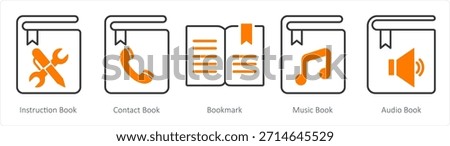 A set of 5 document icons as instruction book, contact, bookmark